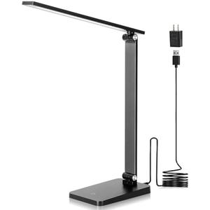LED Desk Lamp for Home Office, 3 Levels Dimmable Desk Light with USB Charging Port, Small Study Lamp, Reading Light for Table, Black, 5000K