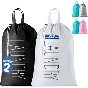 Extra Large Travel Laundry Bag - 2-Pack Fun Print Design Bags for Dirty Clothes - Durable Water-Resistant Fabric - Sturdy Drawstring Closure (Black-White | Laundry)