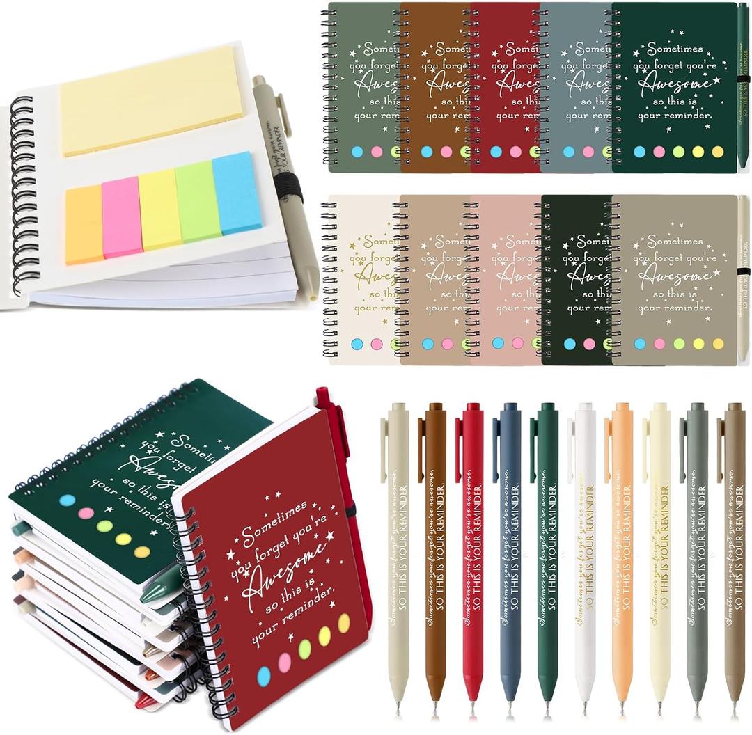 Chuangdi 10 Sets Gifts Bulk Employee Appreciation Thank You Inspirational Spiral Notebook with Sticky Notepad Motivational Bamboo Ballpoint Pen for Team Nurse Staff Teacher Coworker (Joyous Colors)