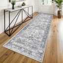 KUTA Vintage Washable Runner Rug, 2.6x8 Grey Blue Runners for Hallways Non-Slip Kitchen Rugs Ultra Thin Soft Printed Distressed Oriental Floral Floor Carpet for Laundry Bedroom Living Room Nursery