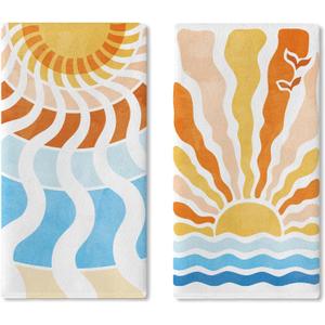 Watercolor Sun Sunshine Kitchen Dish Towels Set of 2, Boho Abstract Sunrise Sunset Sea Drying Hand Towel Baking Cooking Cloth, Spring Summer Ocean Bathroom Home Decoration 18'' x 26''