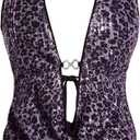 Verdusa Women's Cheetah Print Sequin Top Y2K Tie Back Corset Halter Going Out Crop Tops Sequin, Purple, Small