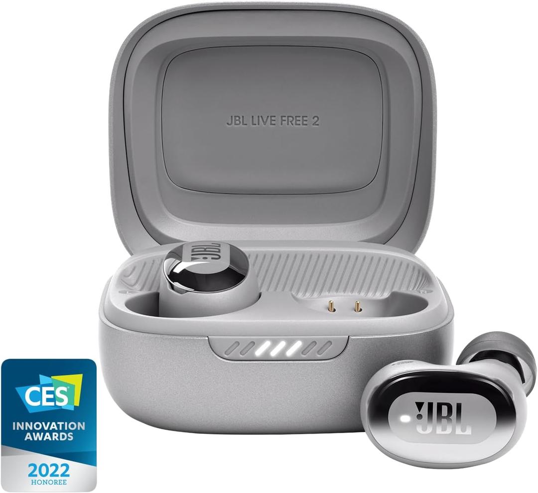 JBL Live Free 2 - True Wireless Noise Cancelling Earbuds, Up to 35hrs of Playtime, 6 mics for Perfect Calls with Zero Noise, IPX5 Waterproof, Oval Tubes for Better Comfort, Isolation, & Иass (Silver)