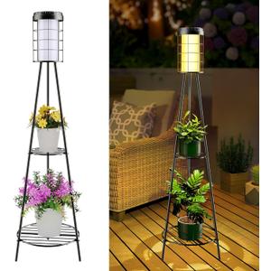 ROSHWEY Solar Lights Outdoor with 2 Tier Plant Stand, 2 Pack Solar Floor Lamps Waterproof with USB Charging, Metal Flower Shelf Solar Lights Landscape Lighting for Patio Porch Deck Yard Garden Decor