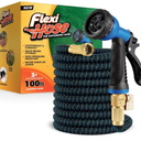 Flexi Hose Expandable Garden Hose with 8 Function Nozzle, 100FT - Lightweight Retractable Garden Hose, Water Hose - No-Kink Flexibility, 3/4 Inch Solid Brass Fittings and Double Latex Core