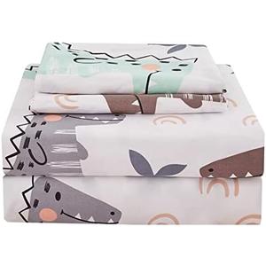 JSD Dinosaur Kids Sheet Set Twin Size, 3 Piece Palm Tree Printed Microfiber Bed Sheets Deep Pocket