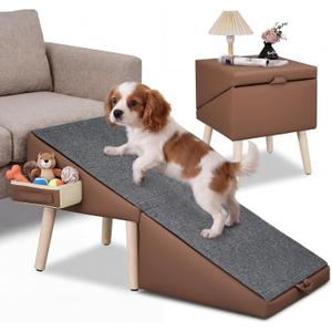 Dog Ramp for Couch and Bed, 17" H Stairs for Small to Medium Dogs and Cats Foldable Steps for Pets to Get on High Bed, Non-Slip Sturdy Ottoman Ramp with Storage Drawer, Brown