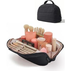 BAGSMART Travel Makeup Bag for Women, Portable Fold-down Cosmetic Case, Puffy Padded Make Up Organizer Pouch, Water-resistant Toiletry Bag for Toiletries, Brushes, Black