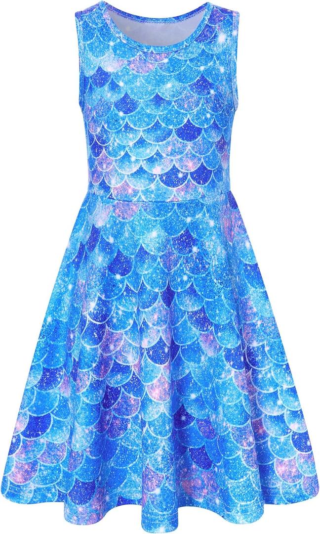 Funnycokid Girls Dress Summer Sleeveless Sundress Birthday Outfit Twirly Mermaid Party Kids 4-15 Years (Blue, L)