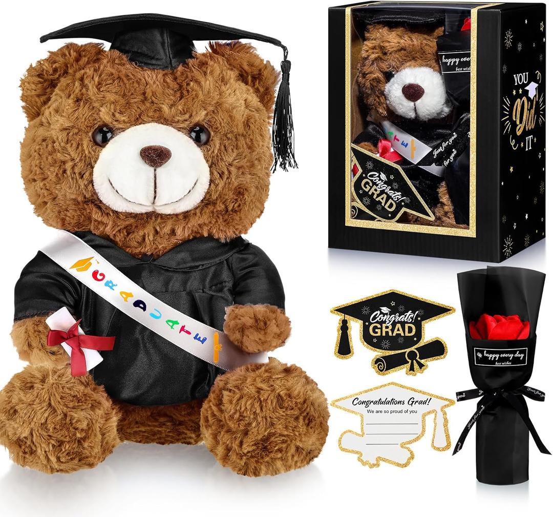 Graduation Bear Gifts Set Include Stuffed Animal Bear with Gown Cap Tassel Class of 2025 Grad Card Soap Artificial Flower Box with Window Graduation Gift for Him Her(Black)