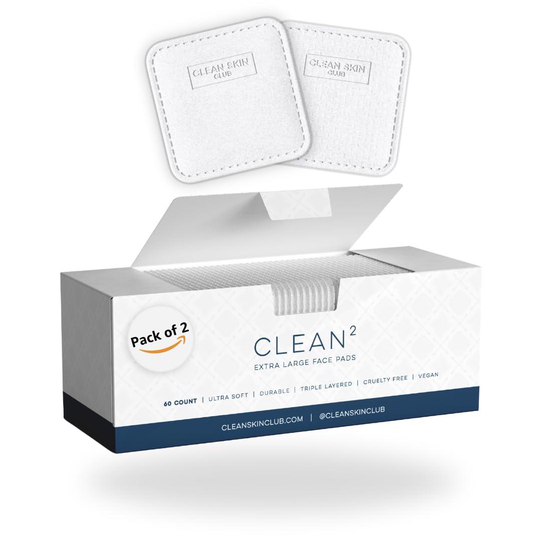 Clean Skin Club Clean Pads 2.0 [NEW & IMPROVED EDGES] Not to Shed & Tear, Unique Triple Layers, Textured Side & Ultra Soft Side, Organic Disposable Cotton, Pair with Makeup Remover 2 pack