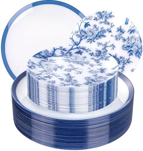 EI 60pcs Blue and White Floral Plastic Plates Fancy Blue Floral Disposable Heavy Duty,10.25inch Dinner Plate and 7.5inch Dessert Plate,Disposable Nice Plastic Plates for Party,Wedding(Value,Elegant )