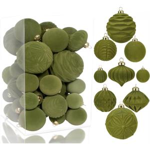 42PCS Green Velvet Christmas Ball Ornaments, Flocked Vintage Rustic Farmhouse Baubles in Assorted Sizes for Xmas Tree Decorations, Hanging Ornaments for Home, Party & Wedding Dcor (Green)