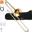 Eastar Bb Tenor Slide Trombone for Beginners Students, B Flat Brass Plated Trombone Instrument with Mouthpiece, White Gloves, Cleaning Kit, ETB-330, Golden