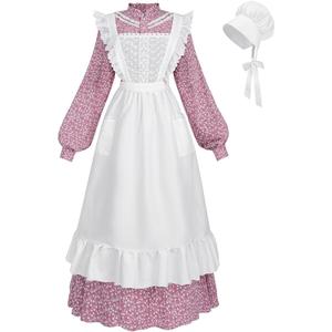 FCCAM Pioneer Colonial Costume for Women Floral Prairie Dress American Historical Modest Civil War Dress (X-Large, Pink)