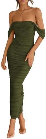 PRETTYGARDEN Womens Off Shoulder Maxi Wedding Guest Dress | Comfy Mesh Fabric, Long Ruched Bodycon Dresses, Sleeveless Back Split, Formal Cocktail Party Outfits, Chic Summer Clothes, Medium