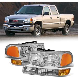 Headlight Assembly Compatible with 99-07 GMC SIERRA 1500 2500 1500HD 2500HD 3500HD/ 1999-2006 YUKON 1500 2500/2001 SIERRA C3, Chrome Housing 4PCS