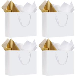 Plauthus White Gift Bags, 4 Pack Large Size Gift Bags with Tissue Paper, White Paper Bag with Ribbon Handles for Shopping, Wedding, Party, BirthdayGraduation and Holiday (12.5 x4.5 x9.8)