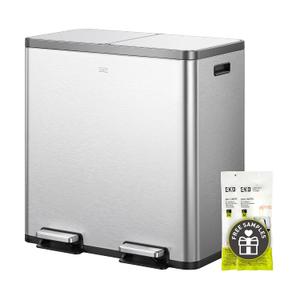 EKO EcoCasa Plus 2 x 10.6 Gal Dual Recycling Trash Can for Kitchen, Large Stainless Steel Step-On Garbage Can with Soft-Close Lids, Odor-Proof and Fingerprint-Resistant, Removable Buckets with Handles
