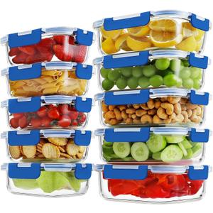 10 Pack Borosilicate Glass Meal Prep Containers with Locking Lids, Glass Food Storage Containers Set, Airtight Lunch Bento Boxes, BPA-Free & Leak Proof, 36oz & 14oz, Freezer, Oven Safe-Deep Blue