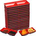 15 Pcs Dual Dipping Bowls, Melamine Soy Sauce Dishes, Black Red Sushi Sauce Dipping Plates, Japanese Style Divided Cups, 2 Compartments Appetizer Serving Trays for Kitchen, Restaurants