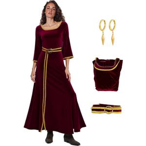 Mother Gothel Costume Women Red Velvet Renaissance Dress Evil Witch Halloween Cosplay Outfits with Earrings Belt (X-Large)