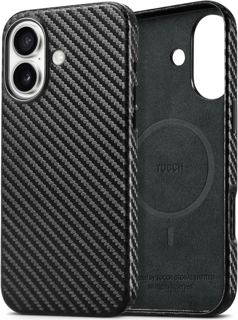TUCCH PU Leather Case for iPhone 16 (6.1") 2024, Protective Magnetic Shockproof Slim Anti-Slip Phone Case Cover [Wireless Charging][Anti-Fingerprint] Compatible with iPhone 16, Black Carbon Fiber