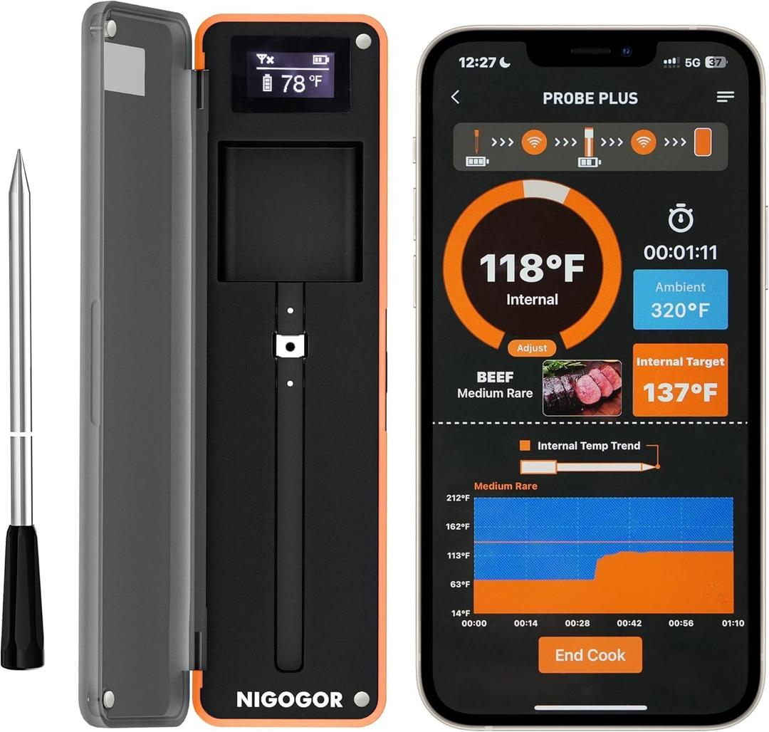Smart Wireless Meat Thermometer with Thinnest Probe, Magnetic Bluetooth Food Thermometer, Remote Tracking and Real-Time Readings from Apps, for iOS and Android, for BBQ, Grill, Smoker