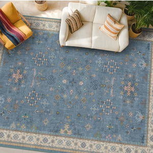Boho 7x10 Accent Area Rugs for Living Room - Dusky Blue Rug for Bedroom Under Bed, Dining Room Under Kitchen Table, Washable Soft Non Slip Unique Colorful Indoor Décor