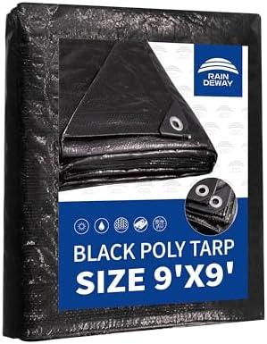 RAINDEWAY Black Tarps 9x9 Feet,UV Resistant, Multipurpose Medium Duty Waterproof Poly Tarp, Square Tent Tarp,Cover with Metal Grommets and Reinforced Edges, Finished Size