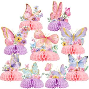 SUNBEAUTY 9 PCS Butterfly Centerpieces for Tables Butterfly Birthday Party Decorations Spring Wildflower Honeycomb Table Centerpiece for Girl Birthday Garden Baby Shower Decorations