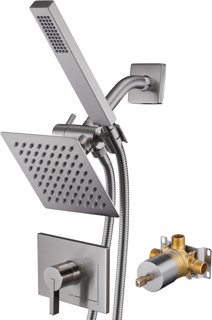 SOOOHOT Shower Faucet Set Dual Shower Heads with Handheld Spray Combo, All Metal 6" Dual Shower Head Combo and 3-Way Diverter, Shower Faucet Set with Valve (Brushed Nickel)