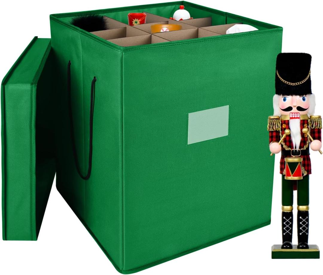 Christmas Nutcracker and Figurine Collectible Storage Box, Fits 9 Holiday Ornaments, Stores Up to 16" Tall Ornaments, Holiday Decor Organizer with Dividers, Nutcracker not Included (Green)