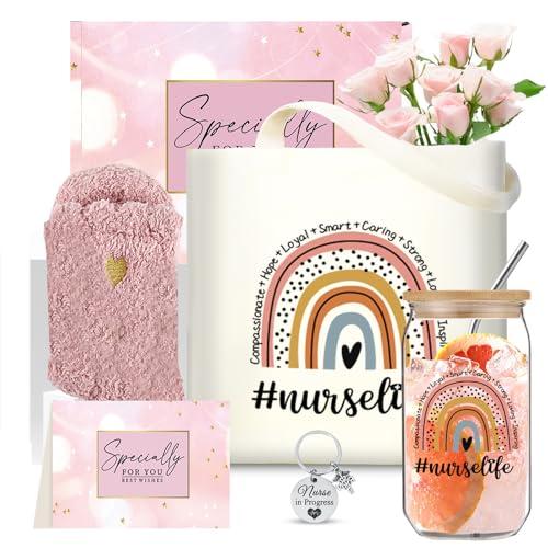 Nurse Christmas Gift Set 16oz Glass Cup Work Tote Bag Box for Women Nurses - Appreciation, Thank You, Holiday Presents for RNs Practitioners