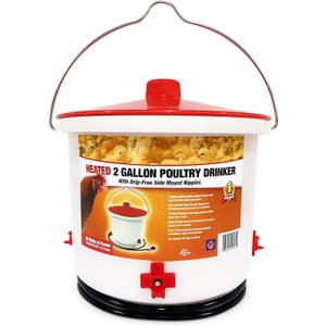 Farm Innovators Heated Waterer with Lid, 60W Hanging Water Dispenser - 2 Gallon Poultry Drinker Bucket with Red Top for Chickens, Turkeys, and Geese