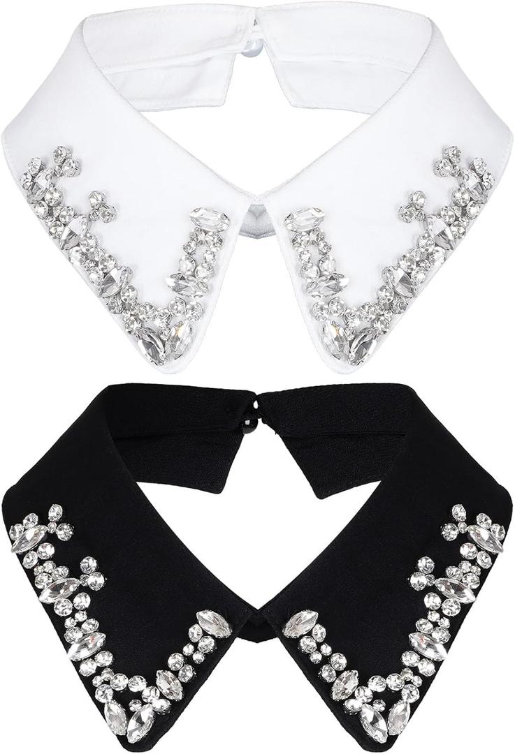 2 Pcs Fake Collars Detachable Collar Rhinestones Dickey Collar for Women Blouse Half Shirt Christmas Graduation Daily Wear