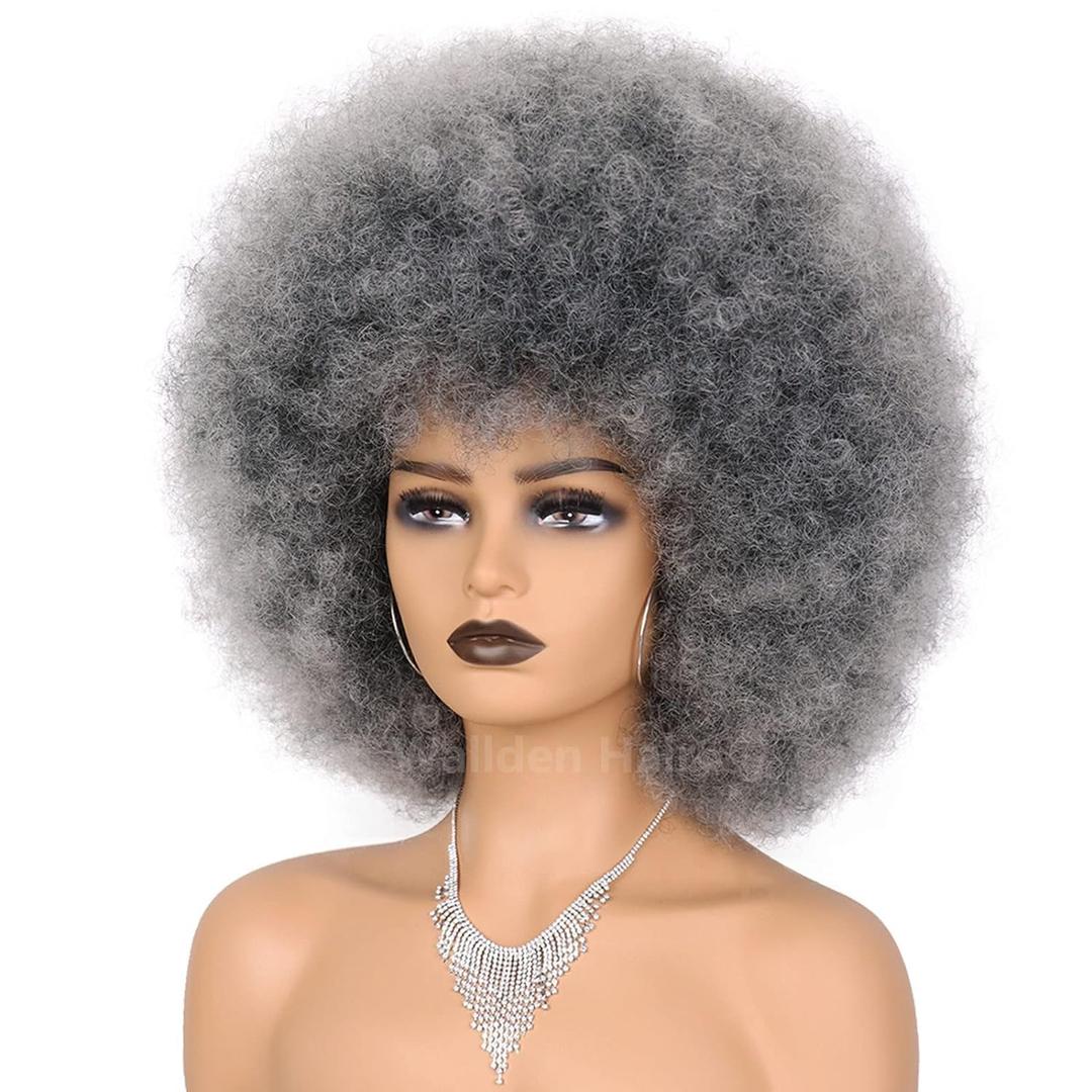 Grey Afro Wigs for Black Women Short 70s Afro Curly Puff Wig Large Bouncy and Soft Heat Resistant Synthetic Colored Wigs for Daily Party Cosplay Use(Gray,10inch)