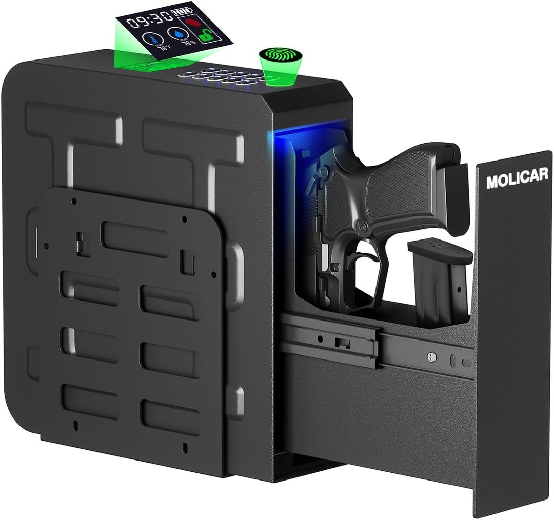Biometric Gun Safe for Handgun Fingerprint 3 Ways Quick Access Slider Pistol Safe, Mounted Bedside Gun Lock Box for Nightstand, Bed, Desk, Wall, Dresser