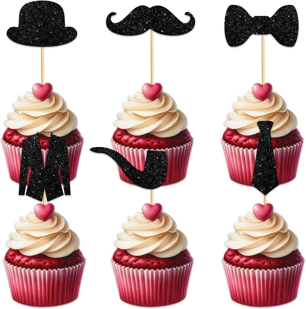 2 x Male Suit Cupcake Topper for Father's Day Theme Party Favors Decorations Men Boys Happy Birthday Party Decor Supplies set 18pcs Black Glitter