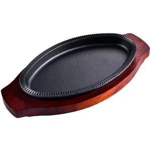 YYJINGYOU Cast Iron Steak Fajita Plate Set with wood Plate for Steak Pizza (10 x 6.5 inch)
