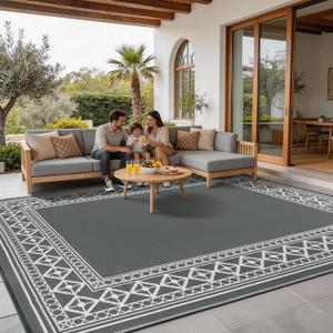 LBRO2M Waterproof Outdoor Rugs 8X10 for Patio Outdoor Plastitc Straw Rug Reversible Outdoor Border Rugs RV Rug for Deck, Pinic, Beach (8X10, Gray)