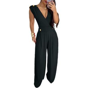 Ophestin Jumpsuits for Women Dressy Summer Sexy Wrap V Neck Buttons Wide Leg Pants Tank One Piece Jumpsuits Rompers (Small, Black)