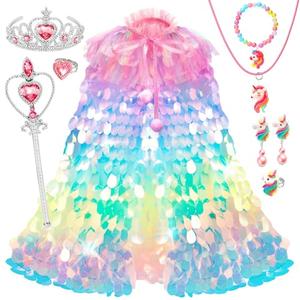 Princess Dress Up for Girls 4-6, 3 4 5 6 Year Old Girl Birthday Christmas Gifts, Rainbow Unicorn Toddler Toys for Ages 3-8, 9 PCS Mermaid Sequin Princess Cape Clothes for Little Girl Kids Party Favors