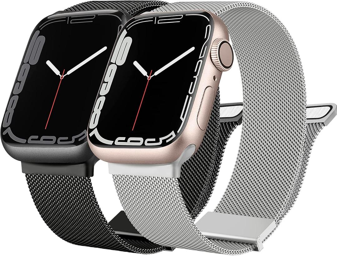 [2 PACK] Metal Stainless Steel Bands Compatible with Apple Watch Bands Series 8 7 6 5 4 3 2 1 SE 41mm 40mm 38mm 42mm 44mm 45mm, Mesh Loop Magnetic Milanese Strap for iWatch Bands Women Men (42/44/45mm, Silver & Black)
