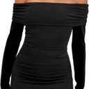 OWIN Women's Fall Off The Shoulder Ruched Bodycon Mini Dress Long Sleeve Ribbed Knit Fitted Club Party Dresses (X-Large, Black)