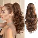 StrRid Hair Extensions Ponytail Extension Claw Clip Wavy 16" Long Synthetic Pony Tail for Adults Women Curly Ponytails Fluffy Clips in Hairpieces for Wedding Party Daily Use 6 Oz Copper Brown