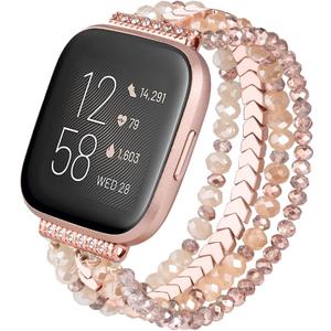 CAGOS Cute Bracelet Compatible with Fitbit Versa 2/Fitbit Versa 1/Versa Lite Bands Women, Handmade Beaded Elastic Replacement Bands Accessories Straps for Special Edition Versa Watch (Rose Gold)