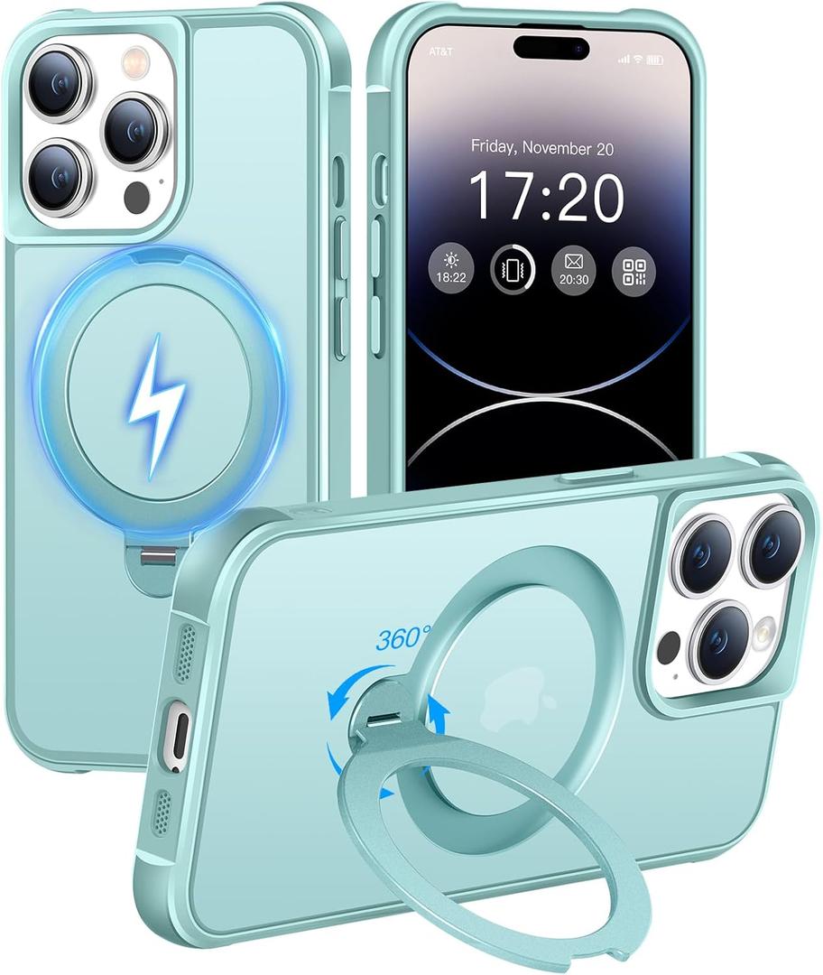 HuwaiH 360 Rotatable Magnetic Ring Stand for iPhone 14 pro Case, Compatible with MagSafe, Military-Grade Shockproof, Anti-Scratch Matte Translucent Phone Case for iPhone 14 pro(Lake Blue)