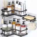 YASONIC Corner Shower Caddy Organizer, 3-Pack Adhesive Rustproof Stainless Steel Shower Shelves with Soap Holder, No Drilling Shower Storage Rack for Family Renters Bathroom, Black