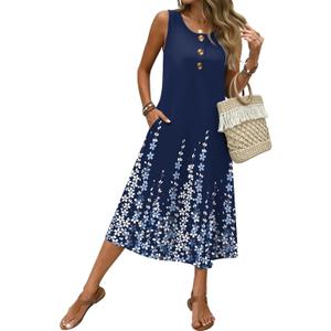 Zeagoo Women Beach Summer Midi Dress 2026 Sleeveless Casual Beachy Sundress Button Down Loose Tank Dresses with Pockets (Blue, XXL)